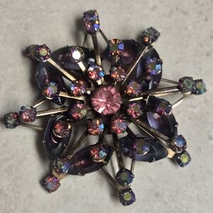 Vintage purple navette and aurora borealis rhinestone starburst brooch